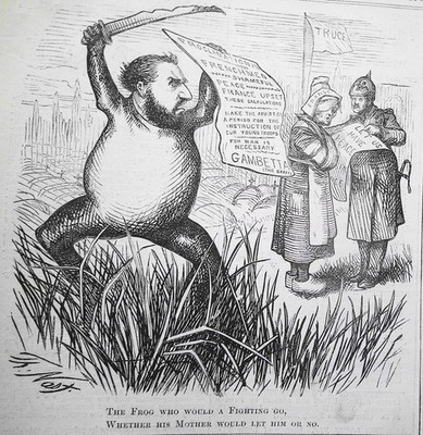 The frog who would a fighting go... by Thomas Nast, Harper's Weekly,  1871