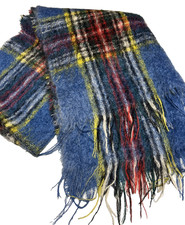 Vintage Scotland Mohair Wool Blue Scarf Tartan Plaid Fringe
