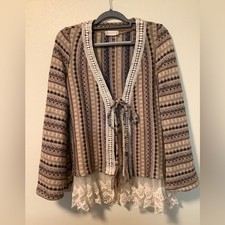 Altar's State Women's boho small-lace layered trim tassel tie front cardigan