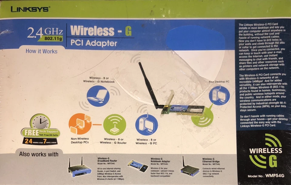 Linksys Cisco Wireless-G WMP54G Desktop PCI Network Adapter 54Mbps NEW Sealed - Image 2 of 4