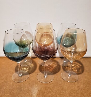 Six Pier 1 Crackle Glass Handblown Balloon Wine Glasses Teal Amber Green  Purple | eBay