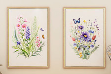Wildflowers Set of 2 Art Prints, Pretty Flowers and Butterflies Wall Art Decor