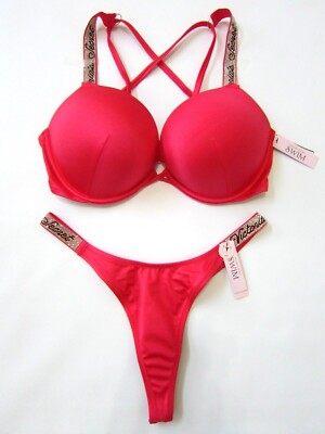 Victoria Secret BOMBSHELL SHINE Script THONG BIKINI SWIM SUIT 34 36 B C D M Set