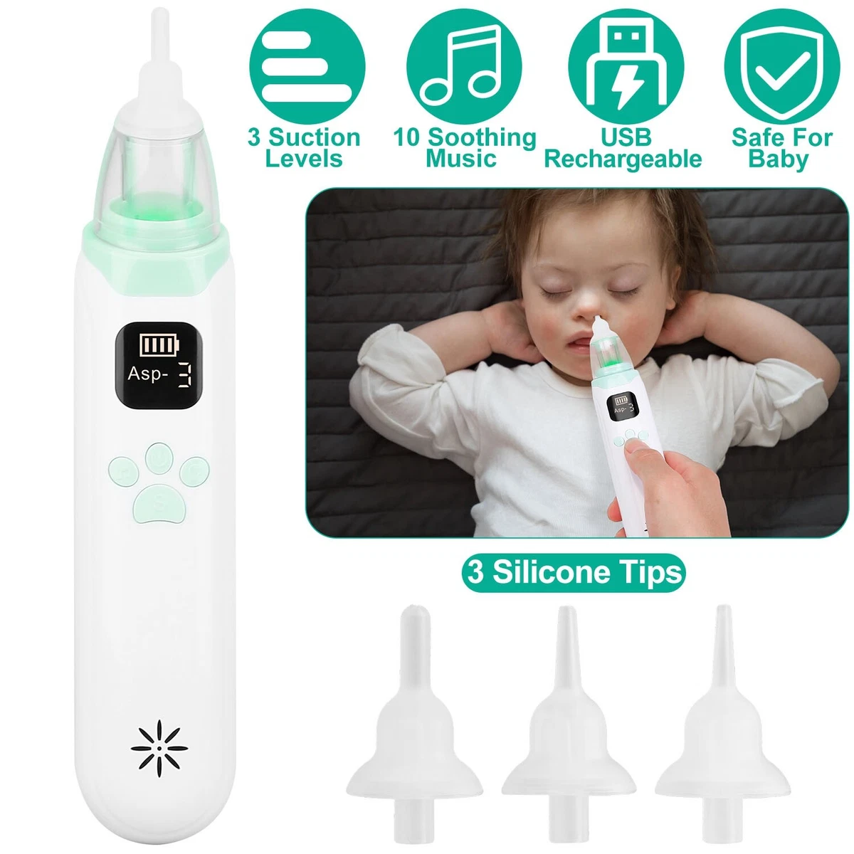 Nasal Aspirator for Baby - Electric Nose Suction for Baby | Baby Nose  Sucker with 6 Suction Levels and 2 Silicone Tips | USB Rechargeable  Portable