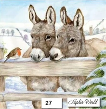 (27) TWO Paper LUNCHEON Decoupage Art Craft Napkins - DONKEYS ROBIN BIRD SNOW