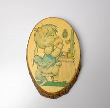 Vintage Donald Art Co Kitten Cat Dress Powder Makeup Art Wood Slice Pinedale WY