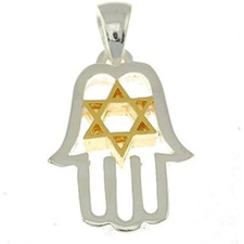 Ciondolo Hamsa in argento sterling e oro stella di David + catena in argento ...