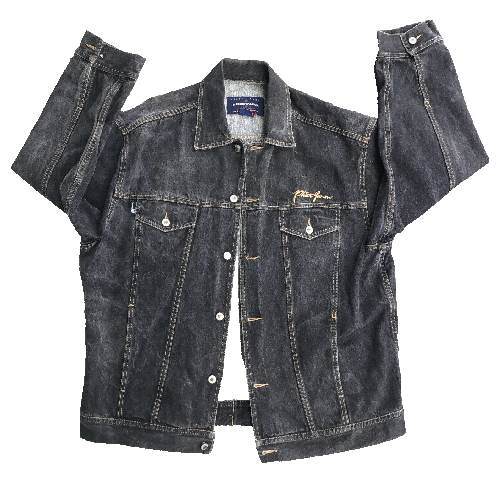 Vintage Phat Farm New York Jacket Men XL Distress Black Denim Trucker Hip Hop
