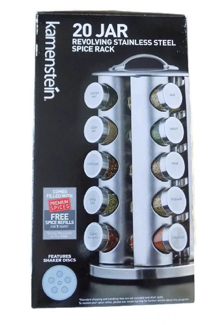 New Kamenstein 20 Jar Revolving Stainless Steel Spice Rack/ Free Refills 5Y