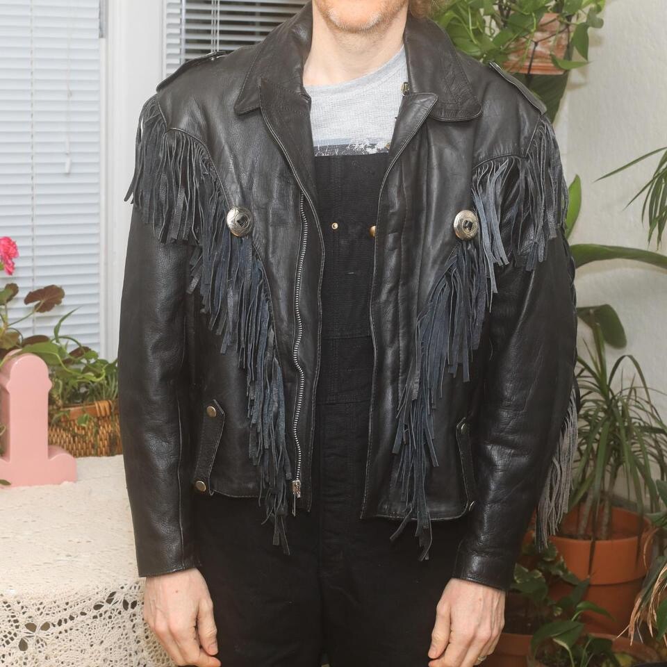 Black Leather Jacket Vintage Southwestern Biker Moto YKK Full Zip