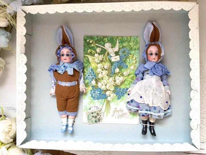 Germany Antique Bisque Doll Hertwig Easter Bunny Rabbit Pair 1920s About 16.5cm