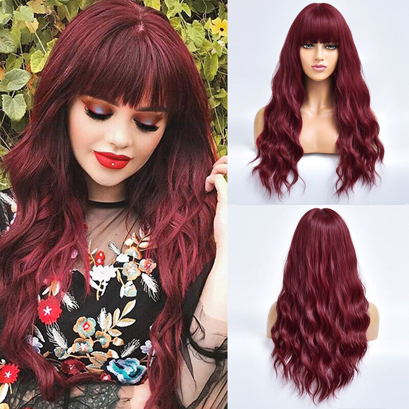 競売 US 24inch Cosplay wig with bangs Wine Fashion hair 【楽天1位】 Synthetic Red