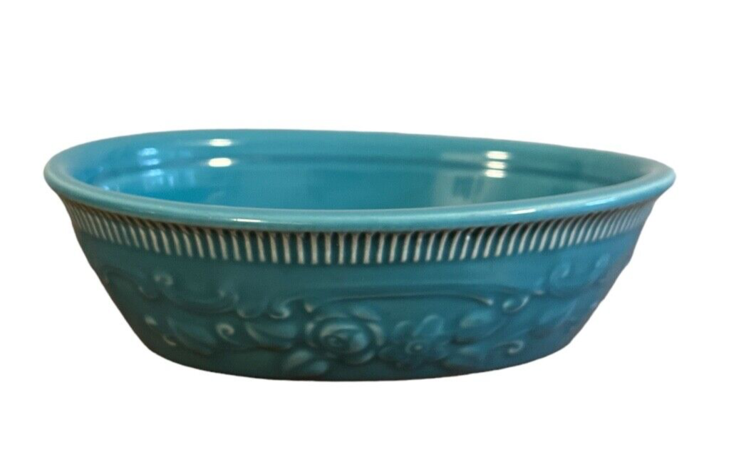 Vintage Oval Turquoise Dish TST Genuine Oven Serve Ware Embossed Floral