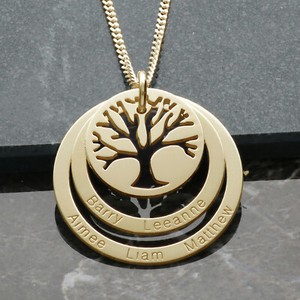Authentic Gold Plated Personalised Tree of Life 3 Ring Disc Family Pendant Necklace Chain