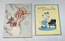 Vtg Happy Birthday Card Sister Sis Cat Kitten Girl with basket lot of 2
