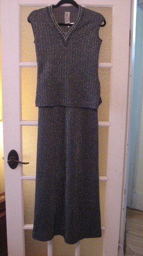 Vintage 60s 70s Holt Renfrew Silver Lame Black Skirt Suit 3 Pc Hippie Boho Mod - Picture 2 of 16