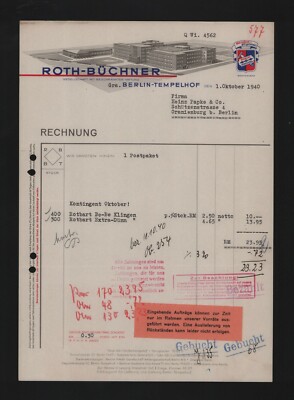 BERLIN-TEMPELHOF, Rechnung 1940, Roth-Büchner Rasier-Klingen