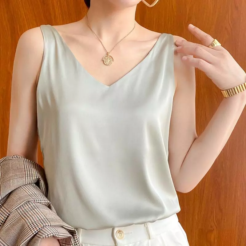 Silk satin sleeveless tops cheap