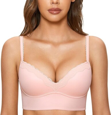 DOBREVA Damen Push Up BH Gepolstert Kabellos Blumen Spitze Bralette Longline 38B