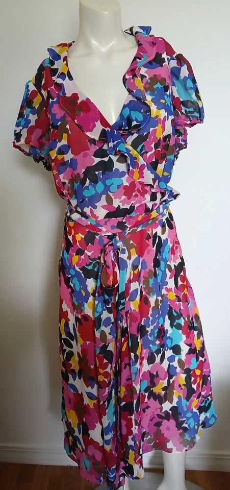 Chadwick's  Op Art Pink Blue Wrap Look Dress 18 Ruffled Neckline Summer Party Foto 2 de 4