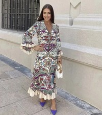 ZARA NEW WOMAN PRINTED MIDI DRESS RUFFLES Tropical Printed Size M REF:7832/016_