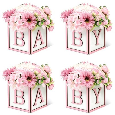4 PCS Baby Shower Boxes Decorations Wood Blocks Printed Letter Pink Centerpiece