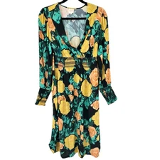 Anthropologie Plenty by Tracy Reece Yellow Floral Smocked Midi Dress Long Sleeve