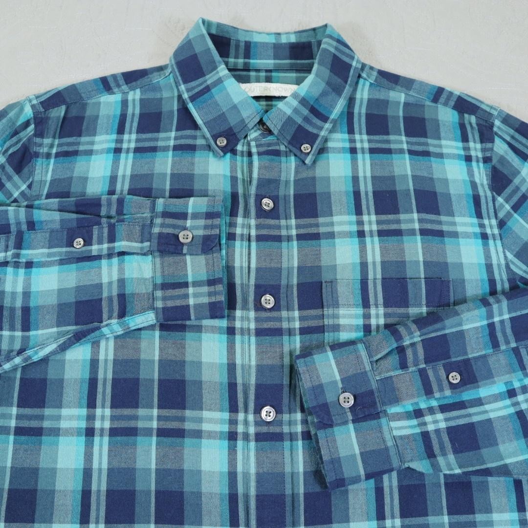 Outerknown Button Shirt Mens Medium Teal Long Sleeve Plaid Organic Cotton