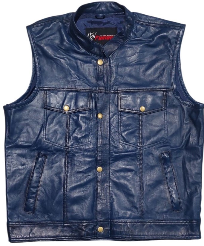 Mens Leather Vest Fashion Trendy Denim Style Biker Riding Soft Blue Leather Vest