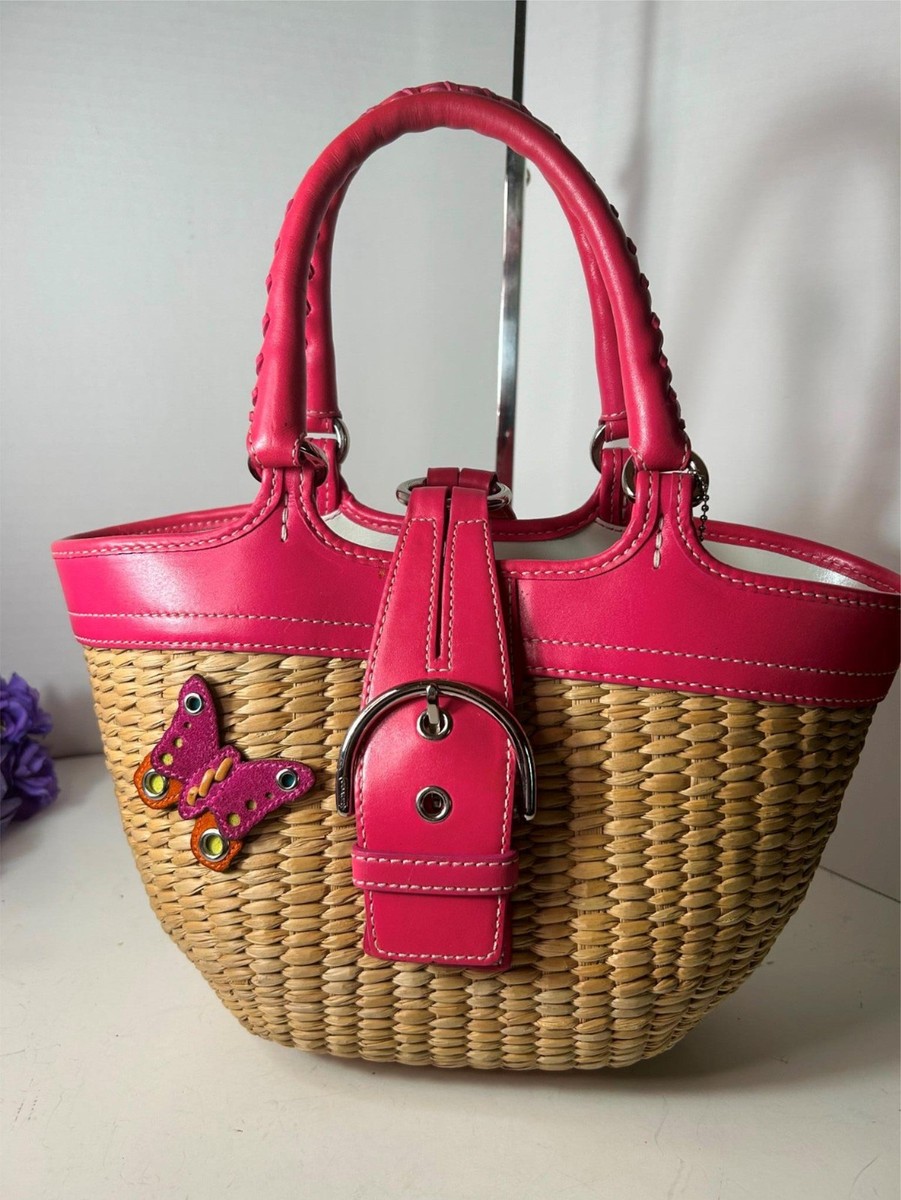 バッグ COACH Leather Tote Bag in Pink Woven Coach Woven Straw/Wicker Dark Pink Leather Satchel Bag/Purse
