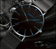Classic Black Quartz Watch With Blue Accents Dial Minimalist Style
