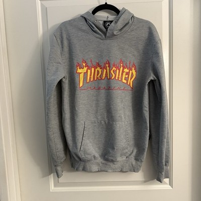 THRASHER Flames Logo Spellout Grey Mens Pullover Hoodie Skate Sweater Jumper
