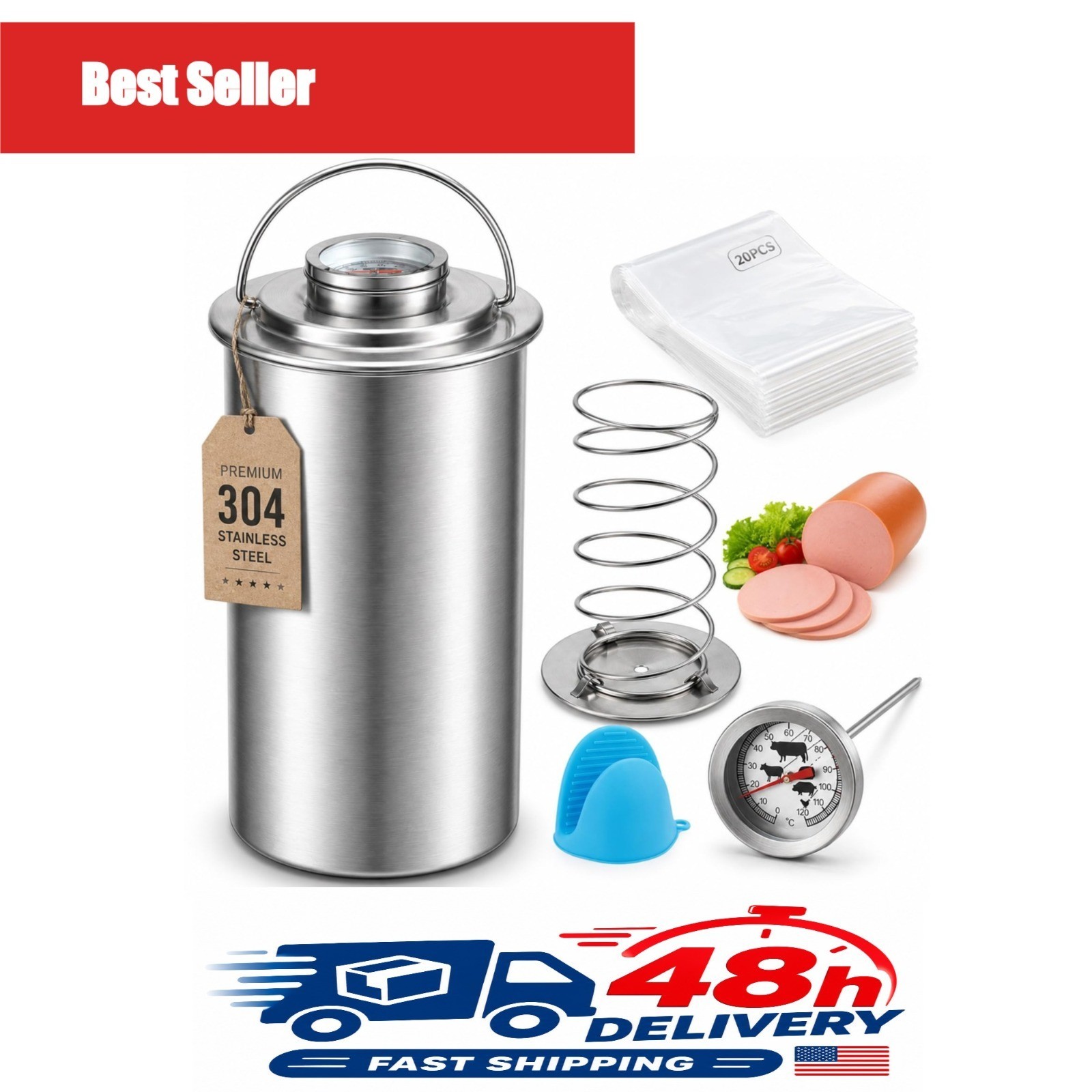 Stainless Steel Deli Meat Press Mold with Thermometer & 20 Cooking Bags