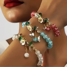3pcs Boho-Chic Floral Beaded Bracelet Set, Mixed Color Glass Faux Crystal 