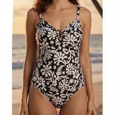 Lands End Black Floral Keyhole Cross Back Soft Cup One Piece Swimsuit Size 18 W