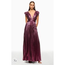 Ieena Mac Duggal Ruffle Sleeve Metallic Gown Purple Pleated Lace-Up Back Dress 4