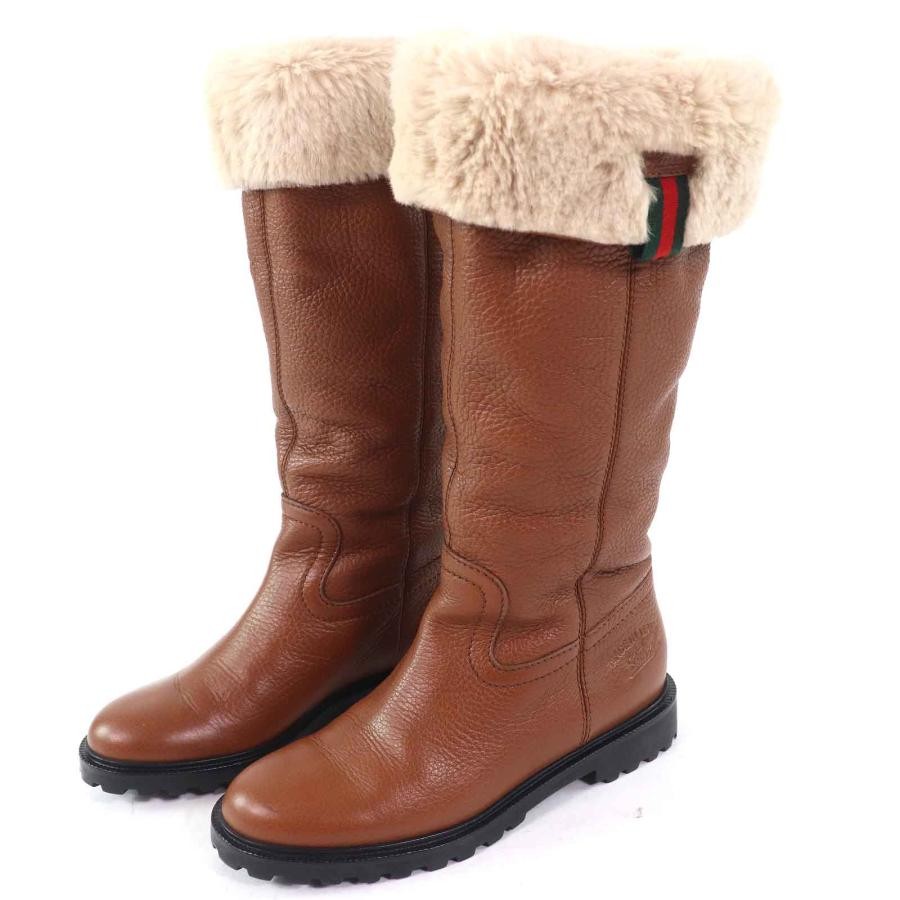 GUCCI Women's Long Round-Toe Leather Boots Size:35/JP:22 Brown 141197K Authentic thumbnail 3