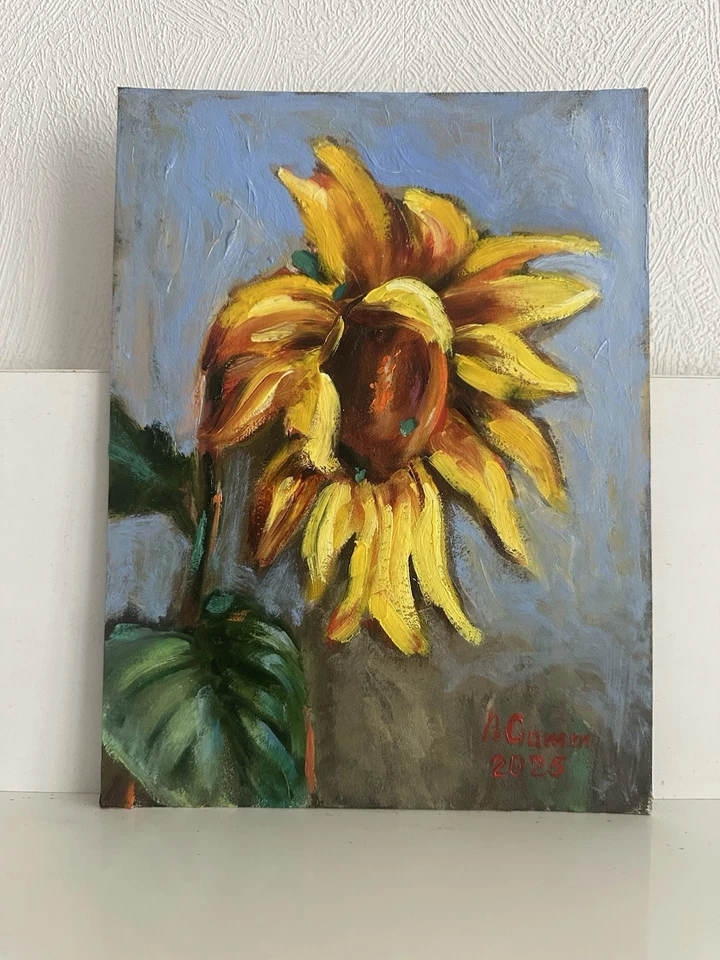 Pintura al óleo original girasol 18х24см regalo arte de pared flores semi-abstractas Foto 3 de 4
