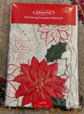 NEW Holiday Home Shimmering Poinsettia Tablecloth Oblong 60 X 102 in