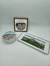 Villeroy Boch Naif 3 Pcs Wood Trivet 7", Round Trinket Dish, 13" Platter Tray 