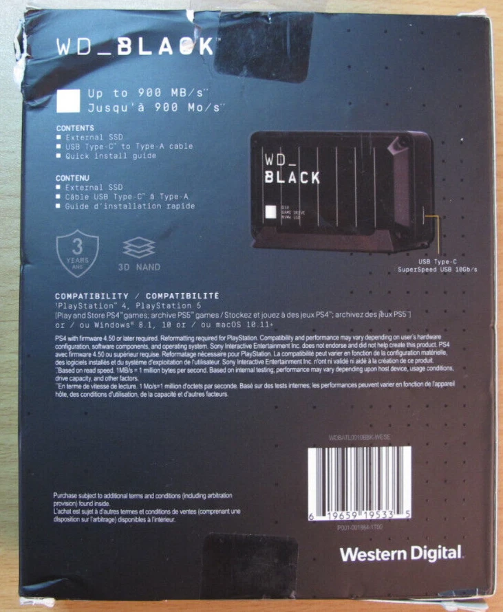 WD BLACK 1TB SSD External Game Drive PS 4 5 Windows D30 WDBATL0010BBK-WESE Open - Image 2 of 4