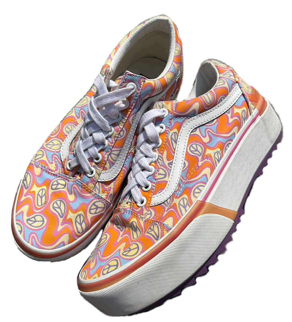 国内配送 VANS OLD SKOOL ORANGE /FLOWER Size 8.5 - VANS Old Skool Stacked Orange-UV Activated Groovy