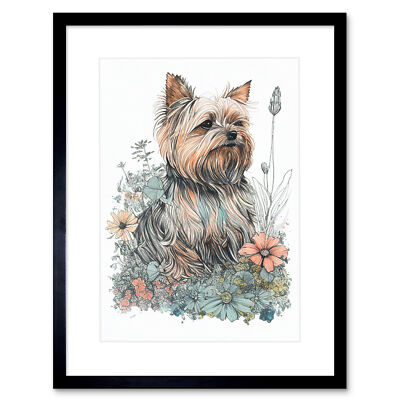 Yorkshire Terrier Dog Wildflowers Bright Framed Wall Art Print Picture 12X16
