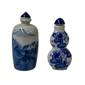2 x Chinese Porcelain Snuff Bottle With Blue White Scenery Graphic ws1280