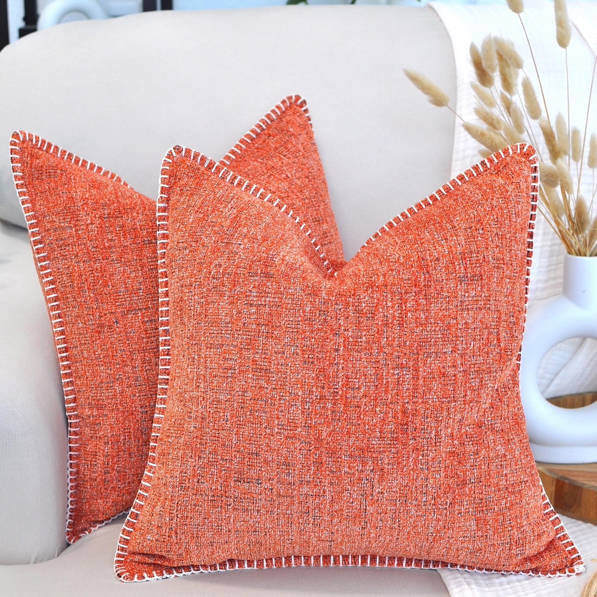 24x24 Pillow Covers Set of Orange Soft Textured Chenille Throw
