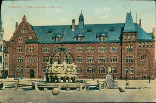 Ansichtskarte Karlsruhe Gutenbergschule u. Brunnen 1910 (Nr.9443)