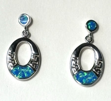 Oval Post Earrings Blue Fire Opal Inlay 925 Sterling Silver Dangle Earrings 3/4"