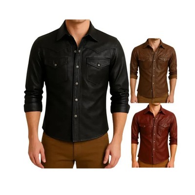 Men's REAL Leather Biker's Shirt - Genuine Lambskin Shirt Soft Party Casual Wear