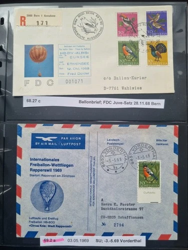 Switzerland 1968-69 Balloon Mail FDC registered letter + cover FAUNA birds