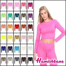 Womens Crop Top Long Sleeve Ladies Plain Crew Neck Summer Vest T-Shirt Tops 8-14